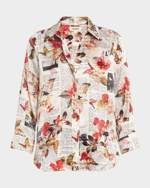 Dani Butterfly Rose Newspaper Silk Blous